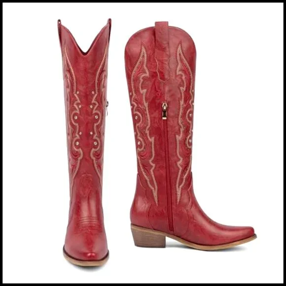 Knee High Cowboy Boots with Embroidered Rhinestones Chunky Heel - Picture 4 of 7